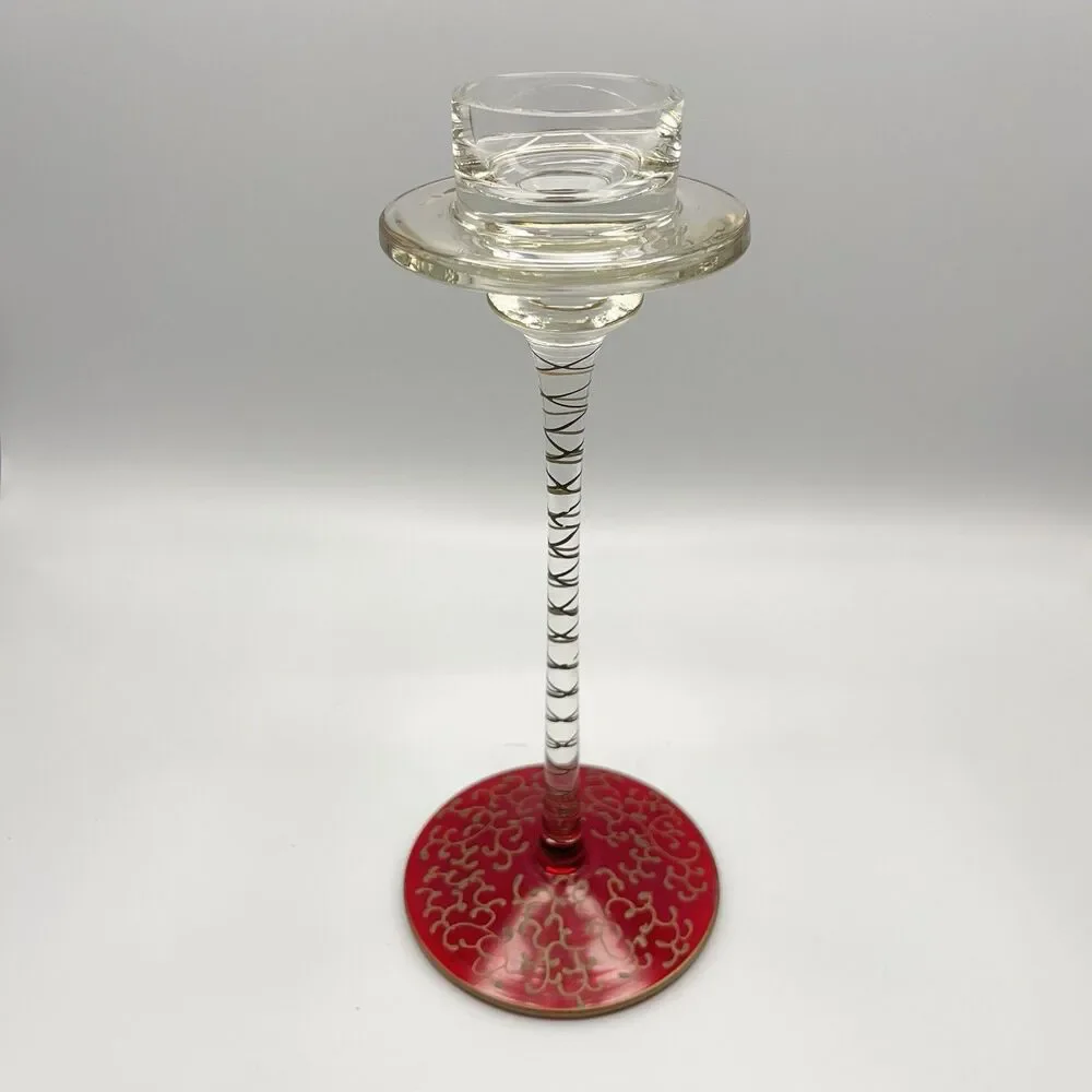 Pier 1 Jubilee Taper Candle Holder Ruby Red Gold Scroll 9 1/2